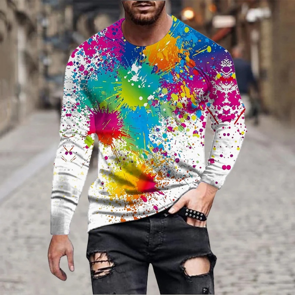 3D Printing Custom - Herren Regenbogen-Farbspritzer 3D-Druck Langarm-T-Shirt Buntes Tintengraffiti-Tee