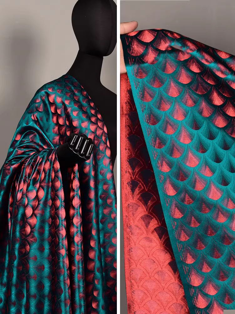 3D Printing On Fabric - Pfauengrüner gewebter Brokatstoff mit Farbverlauf, Wellenmuster,