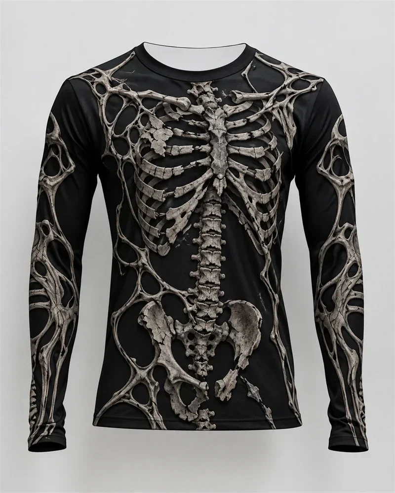 3D Printing X Ray - Herren-Langarm-T-Shirt mit 3D-Realistischem Röntgen-Skelett-Motiv, Gothic Halloween-Party,